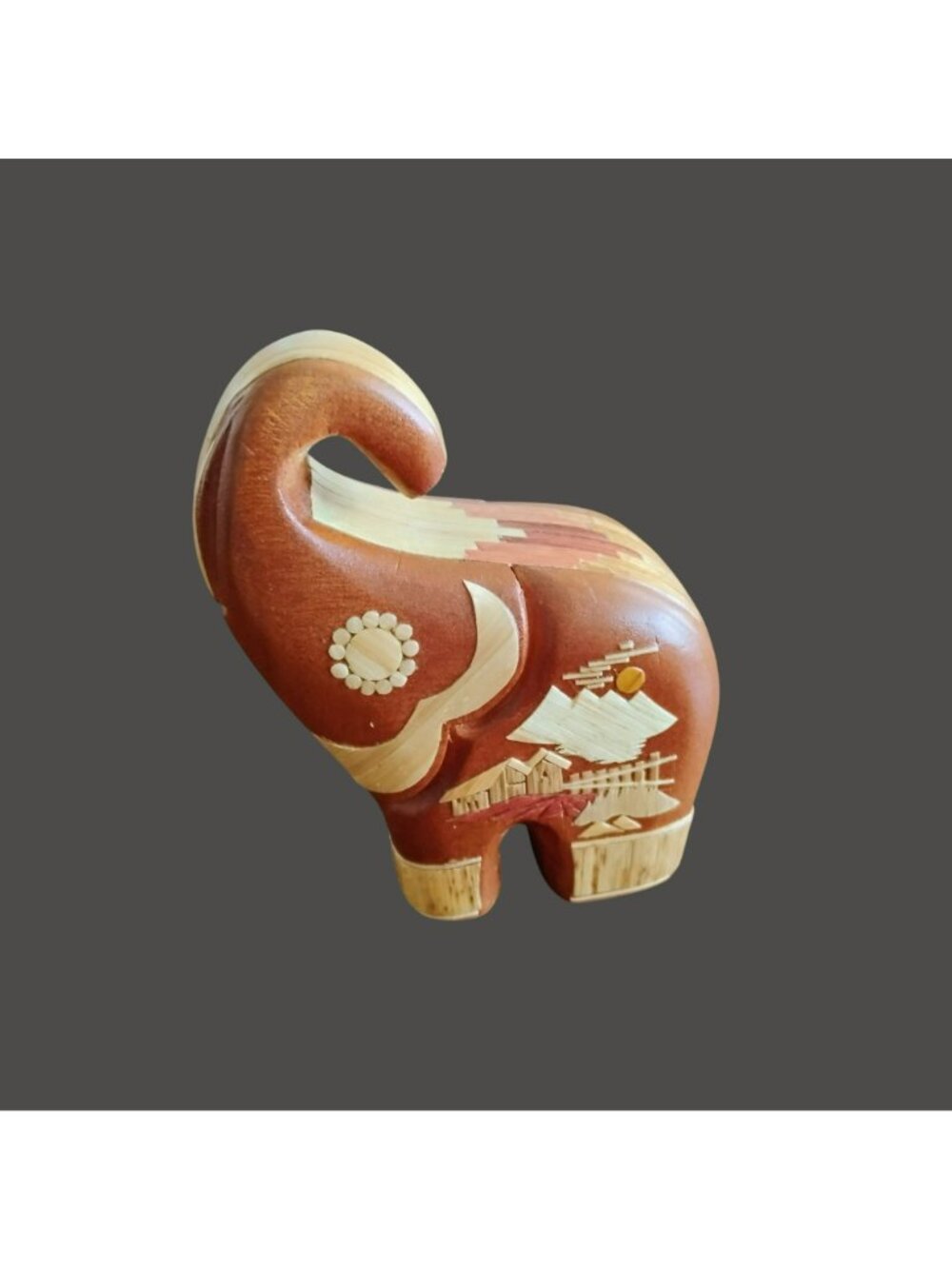 Handcrafted Wooden Elephant Figurine With Ornate Asian Veneer Accents 4", Trunk - Picture 9 of 9